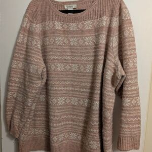 CJ Banks Blush Pink and White Fair Isle Crewneck Sweater